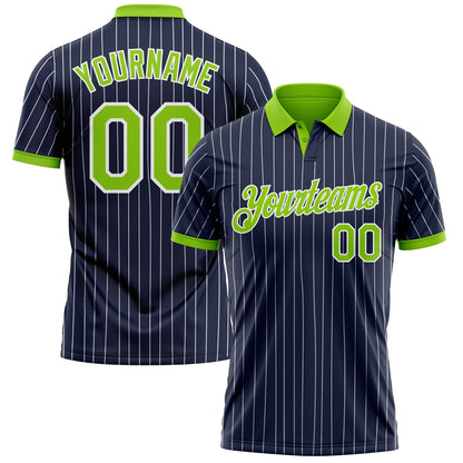 Custom Navy White Pinstripe-Neon Green Performance Polo Shirt