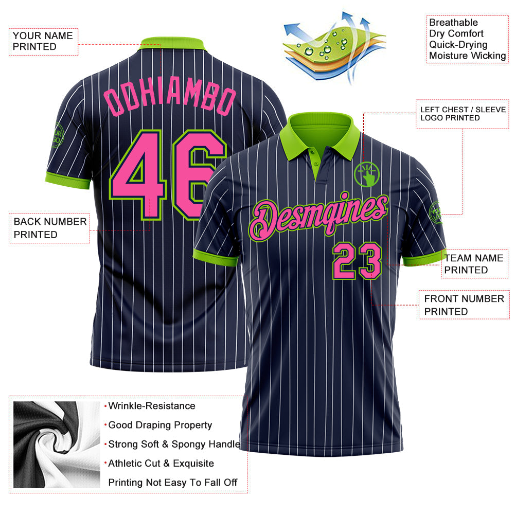 Custom Navy White Pinstripe Pink-Neon Green Performance Polo Shirt