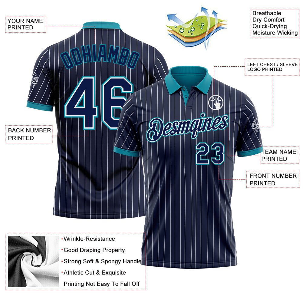 Custom Navy White Pinstripe-Teal Performance Polo Shirt