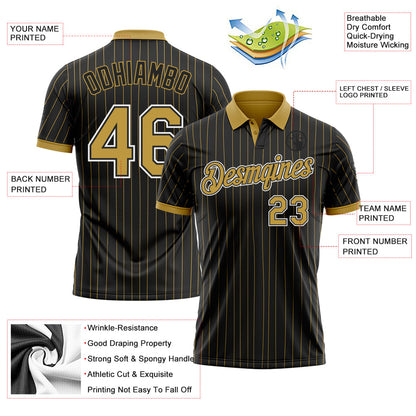 Custom Black Old Gold Pinstripe Old Gold-White Performance Polo Shirt