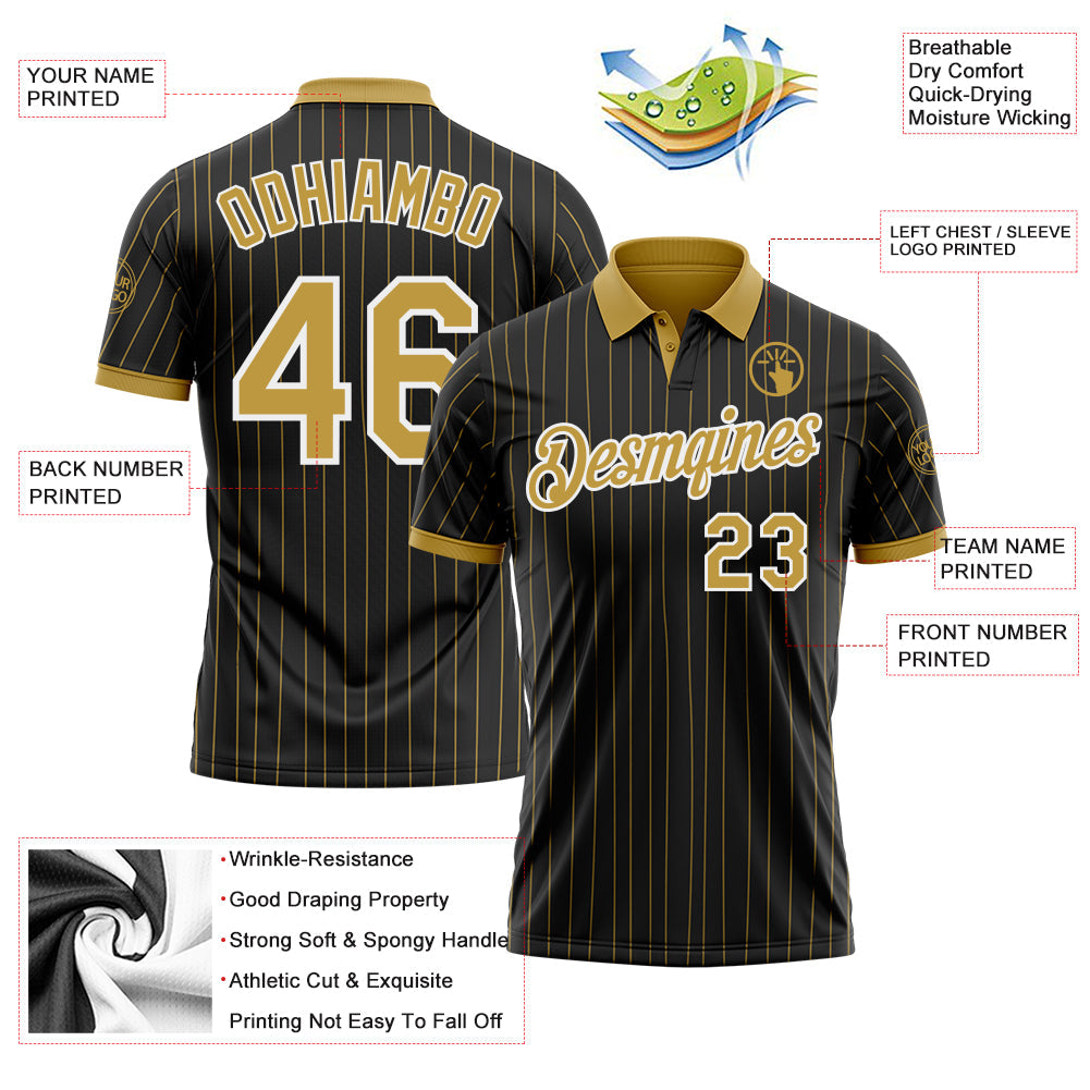 Custom Black Old Gold Pinstripe-White Performance Polo Shirt