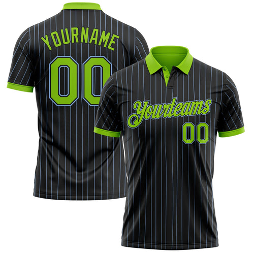Custom Black Light Blue Pinstripe Neon Green-Light Blue Performance Polo Shirt
