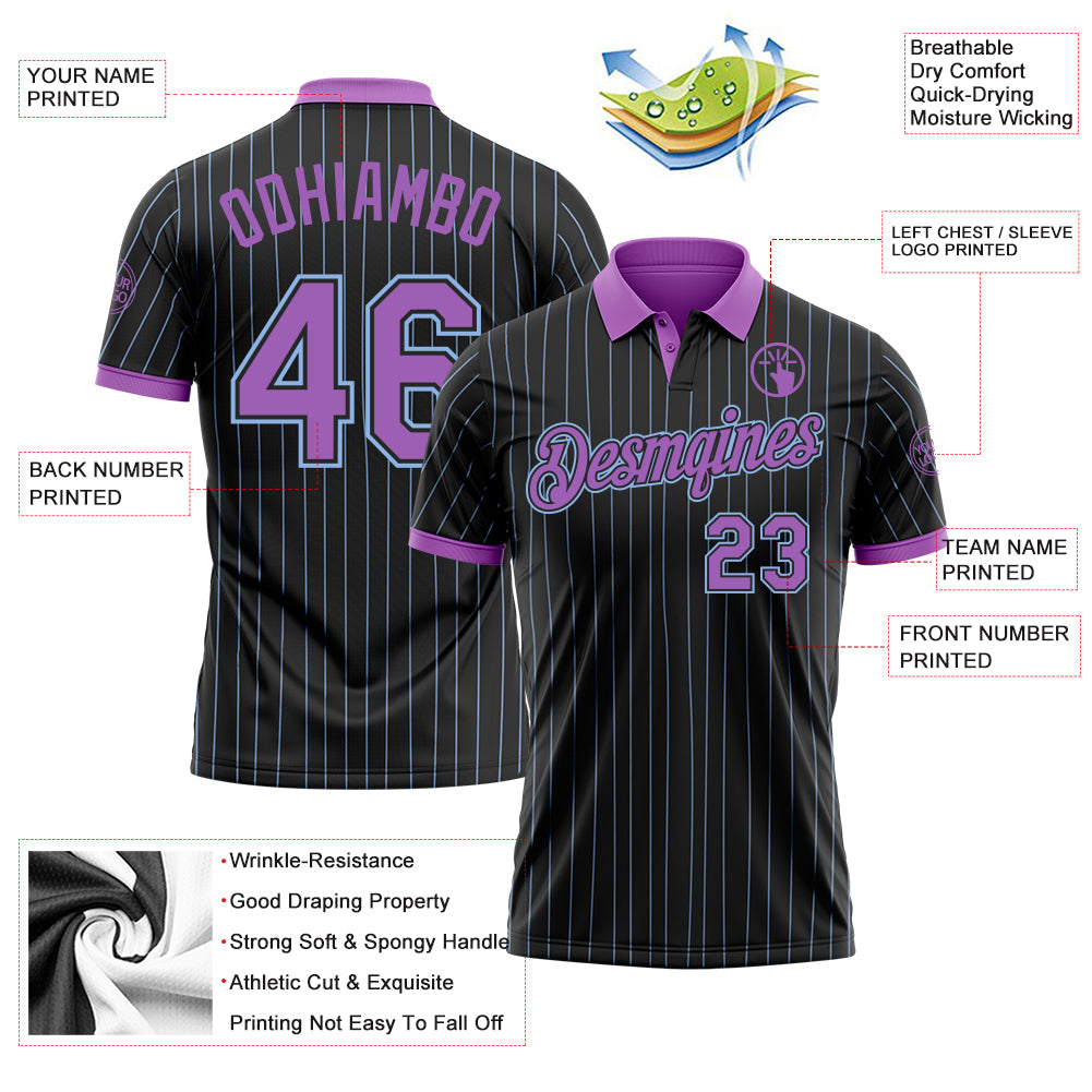 Custom Black Light Blue Pinstripe-Medium Purple Performance Polo Shirt