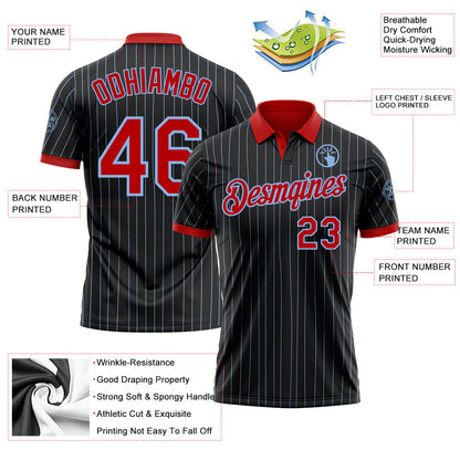 Custom Black Light Blue Pinstripe-Red Performance Polo Shirt