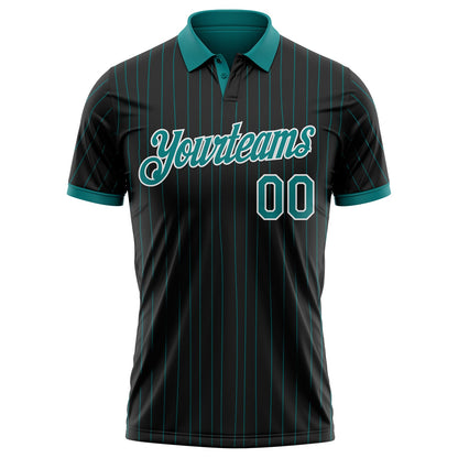 Custom Black Teal Pinstripe-White Performance Polo Shirt