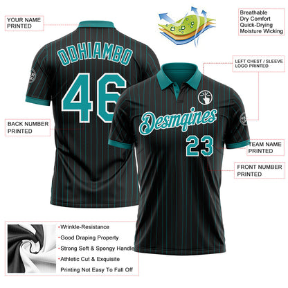 Custom Black Teal Pinstripe-White Performance Polo Shirt