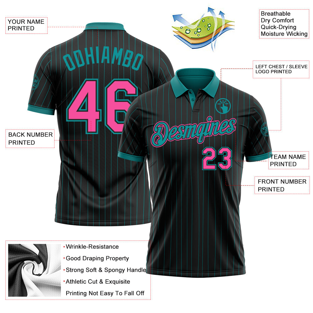 Custom Black Teal Pinstripe-Pink Performance Polo Shirt