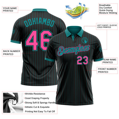 Custom Black Teal Pinstripe-Pink Performance Polo Shirt