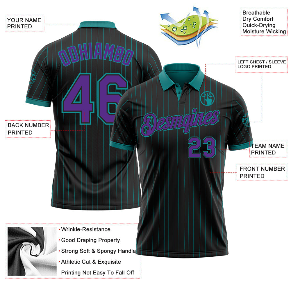 Custom Black Teal Pinstripe-Purple Performance Polo Shirt