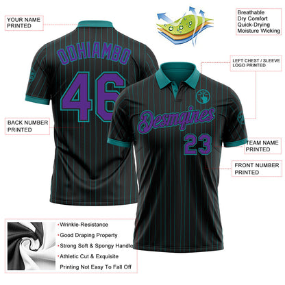 Custom Black Teal Pinstripe-Purple Performance Polo Shirt