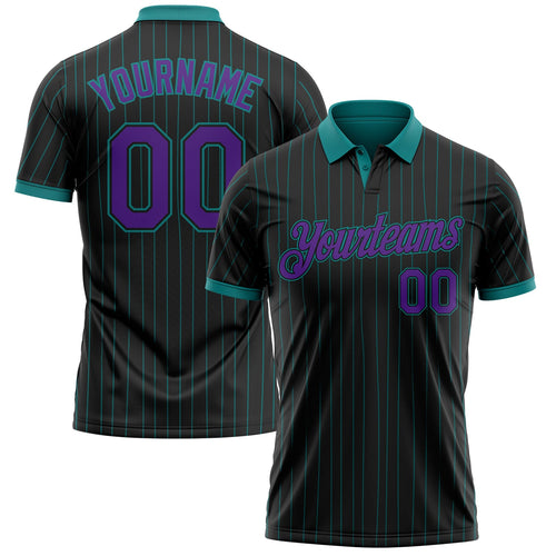 Custom Black Teal Pinstripe-Purple Performance Polo Shirt