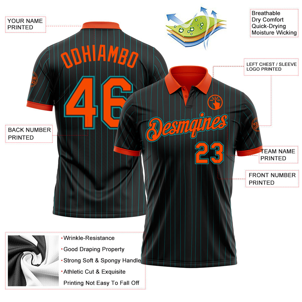 Custom Black Teal Pinstripe Orange-Teal Performance Polo Shirt