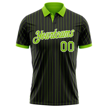 Custom Black Neon Green Pinstripe-White Performance Polo Shirt