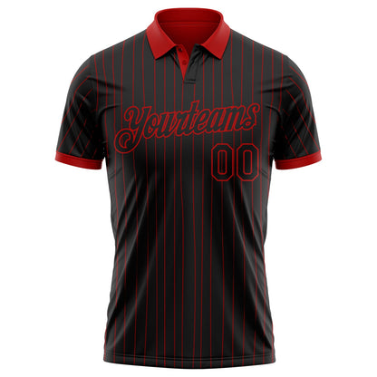 Custom Black Red Pinstripe-Red Performance Polo Shirt
