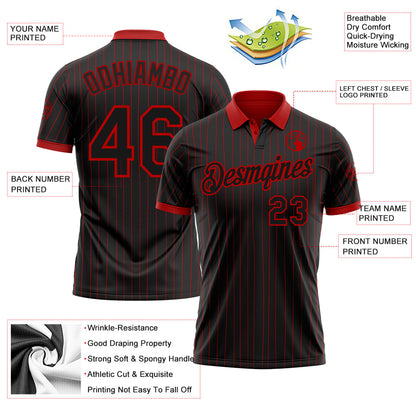 Custom Black Red Pinstripe-Red Performance Polo Shirt