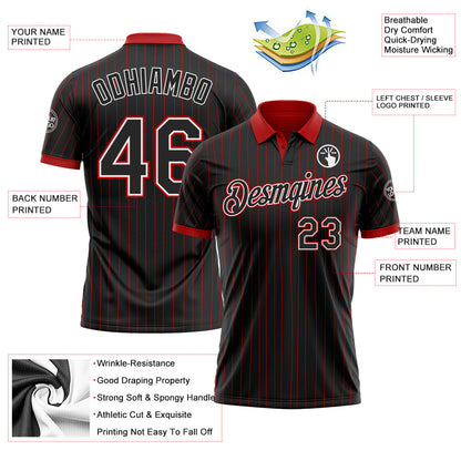 Custom Black Red Pinstripe-White Performance Polo Shirt