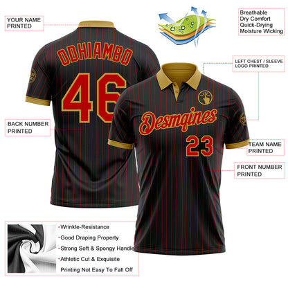 Custom Black Red Pinstripe-Old Gold Performance Polo Shirt