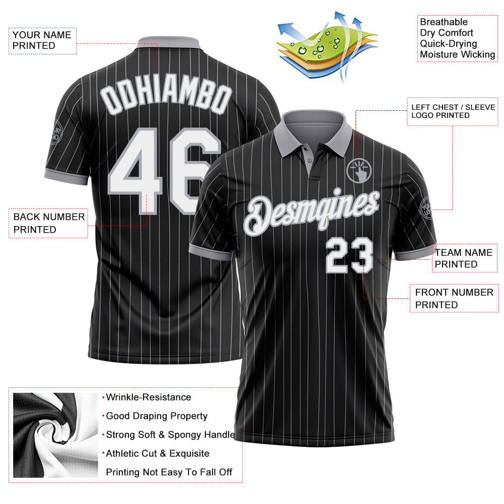 Custom Black Gray Pinstripe-White Performance Polo Shirt