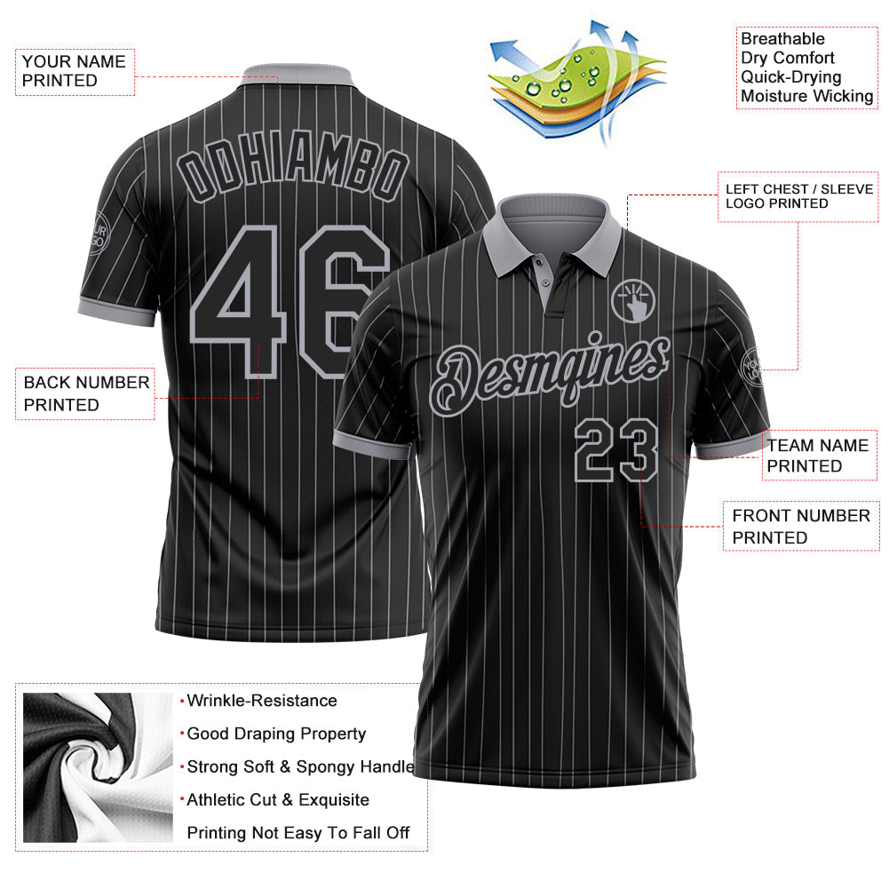 Custom Black Gray Pinstripe-Gray Performance Polo Shirt