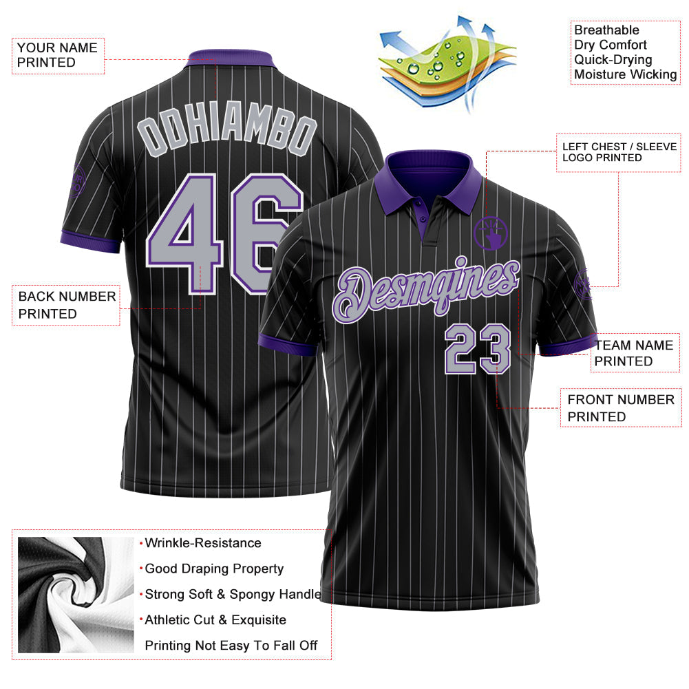 Custom Black Gray Pinstripe Purple-White Performance Polo Shirt