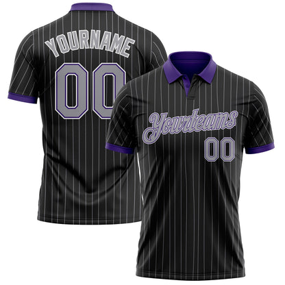 Custom Black Gray Pinstripe Purple-White Performance Polo Shirt