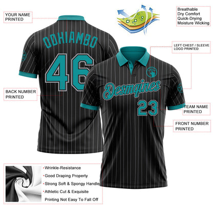 Custom Black Gray Pinstripe-Teal Performance Polo Shirt