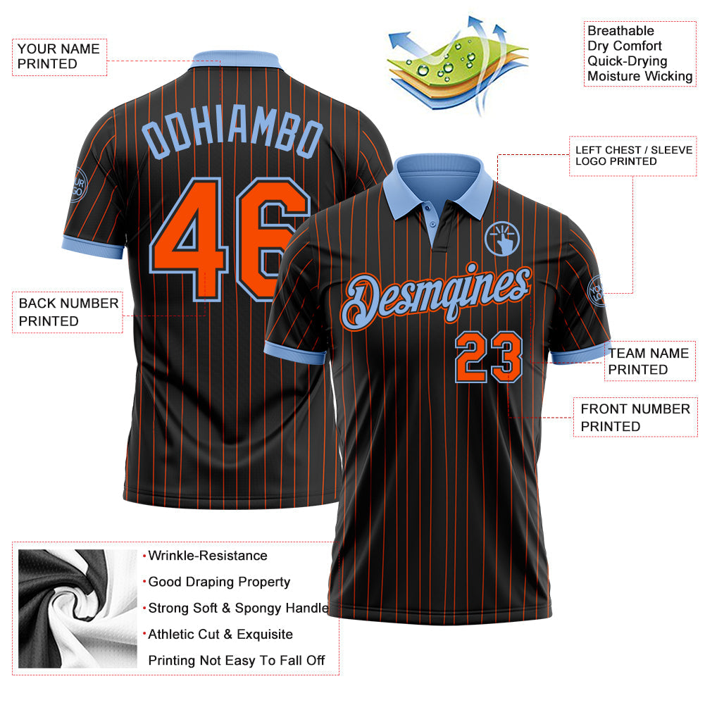 Custom Black Orange Pinstripe-Light Blue Performance Polo Shirt