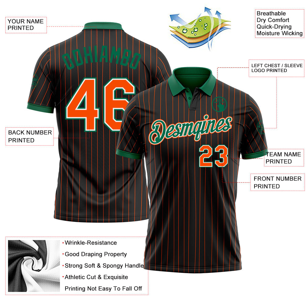 Custom Black Orange Pinstripe White-Kelly Green Performance Polo Shirt