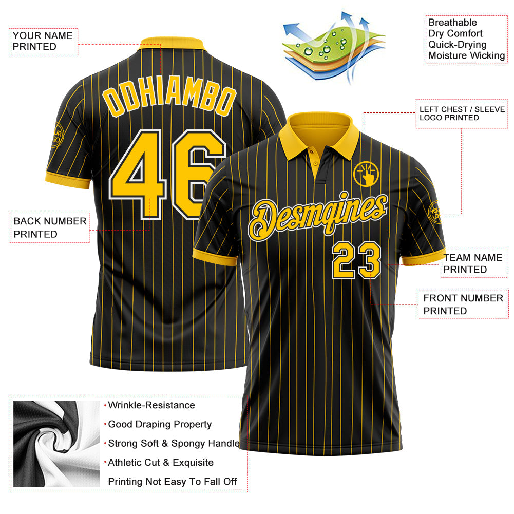 Custom Black Yellow Pinstripe-White Performance Polo Shirt