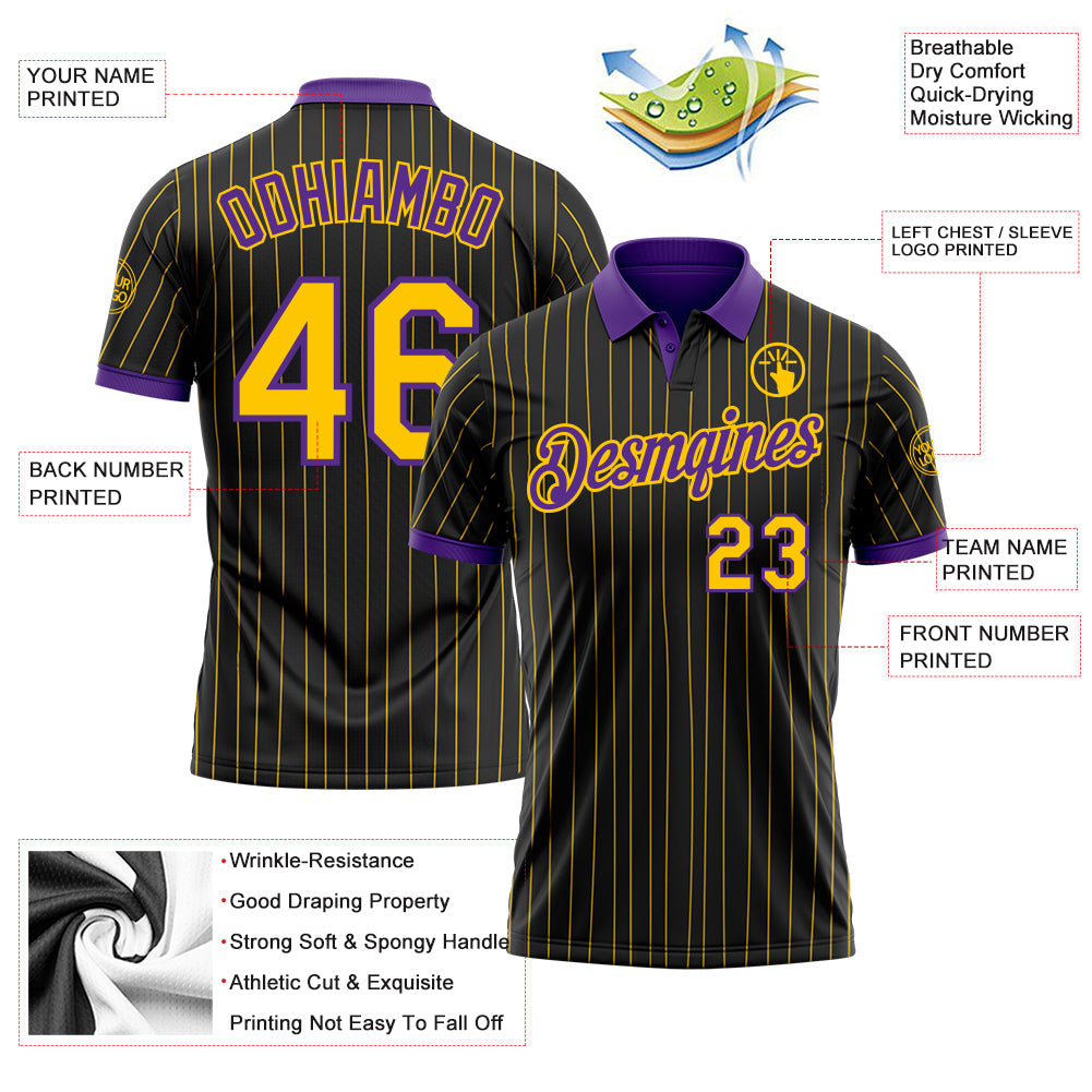 Custom Black Yellow Pinstripe-Purple Performance Polo Shirt