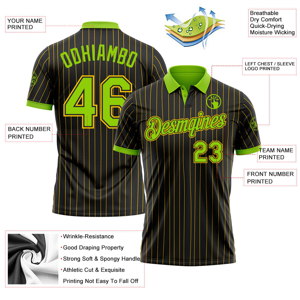 Custom Black Yellow Pinstripe-Neon Green Performance Polo Shirt