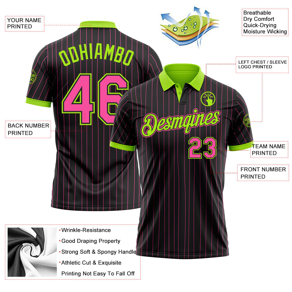Custom Black Pink Pinstripe-Neon Green Performance Polo Shirt