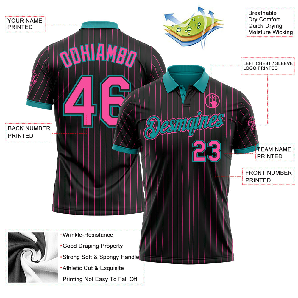 Custom Black Pink Pinstripe-Teal Performance Polo Shirt