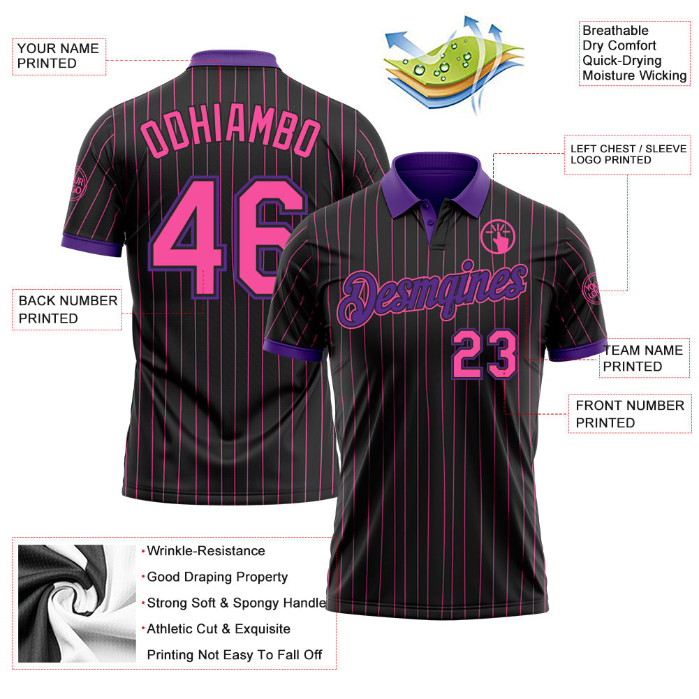 Custom Black Pink Pinstripe-Purple Performance Polo Shirt