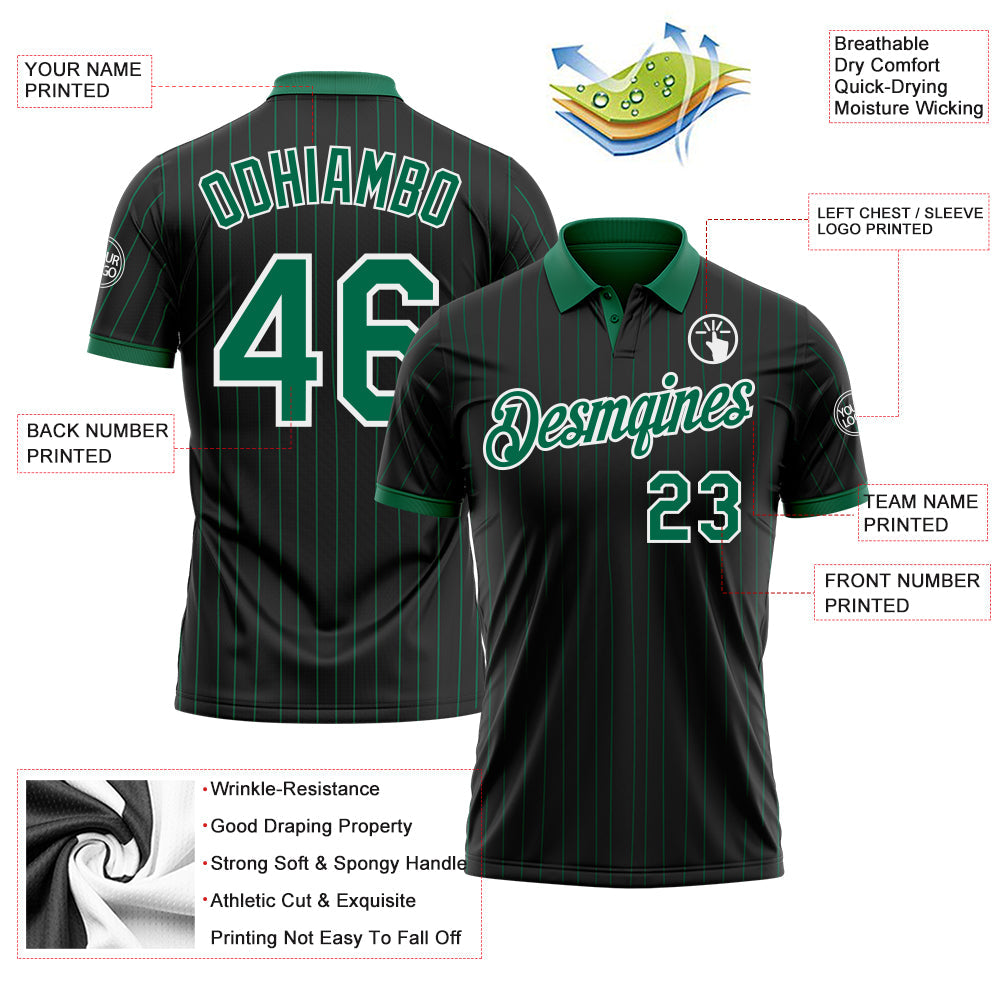 Custom Black Kelly Green Pinstripe-White Performance Polo Shirt