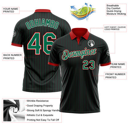 Custom Black Kelly Green Pinstripe White-Red Performance Polo Shirt