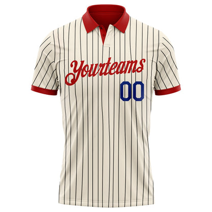 Custom Cream Black Pinstripe Royal-Red Performance Polo Shirt