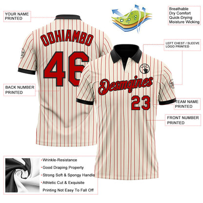 Custom Cream Red Pinstripe-Black Performance Polo Shirt