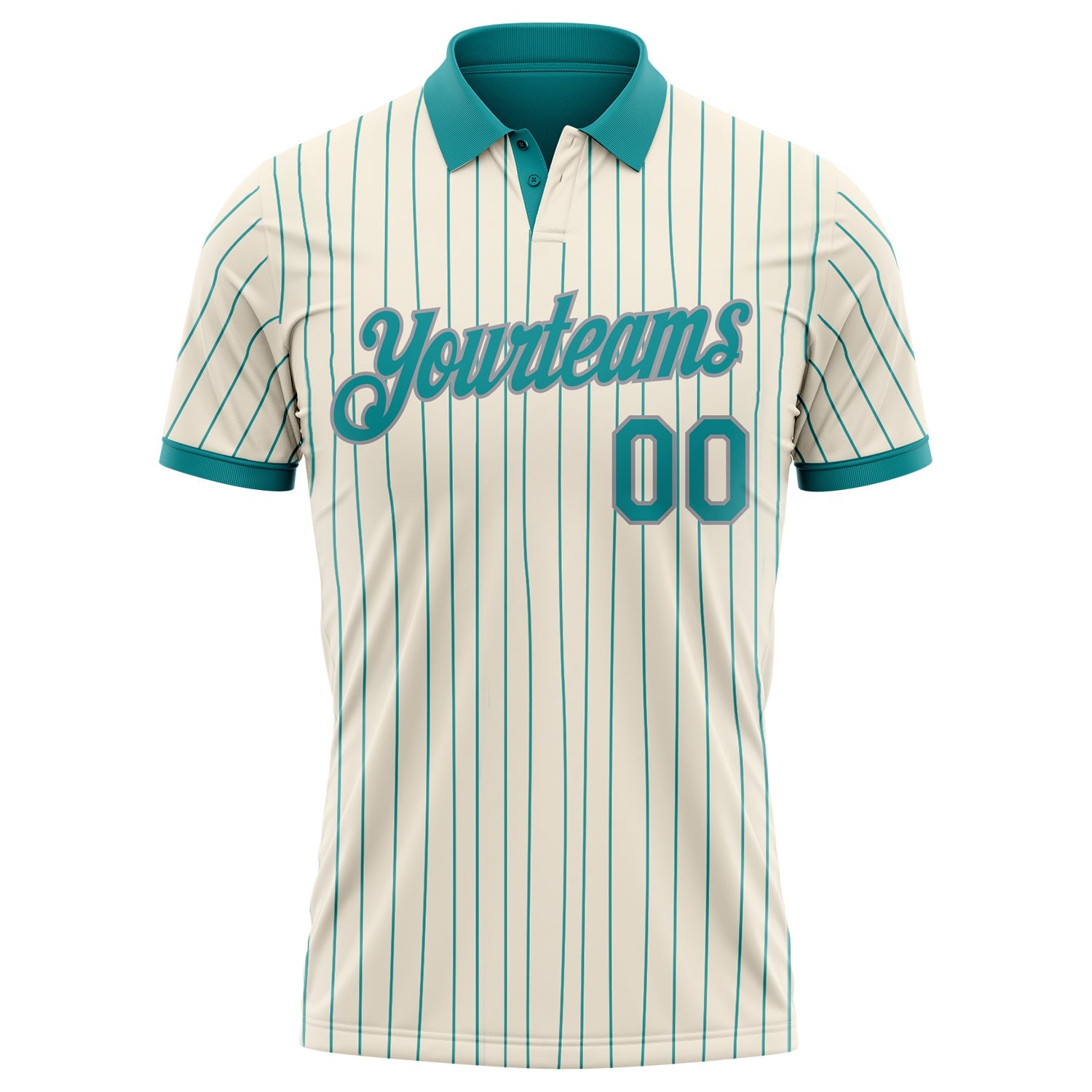 Custom Cream Teal Pinstripe-Gray Performance Polo Shirt