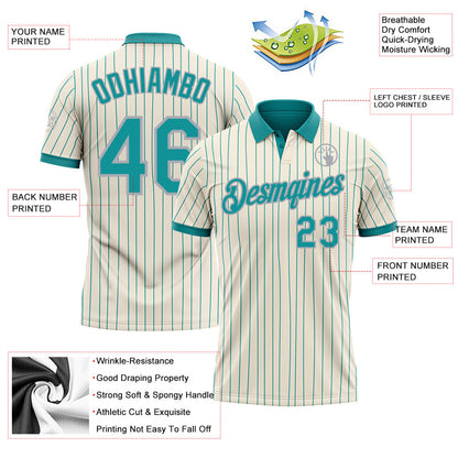 Custom Cream Teal Pinstripe-Gray Performance Polo Shirt