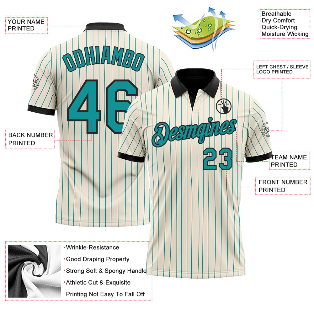 Custom Cream Teal Pinstripe-Black Performance Polo Shirt