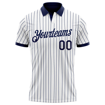 Custom White Navy Pinstripe-Navy Performance Polo Shirt