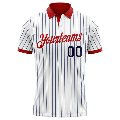 Custom White Navy Pinstripe-Red Performance Polo Shirt