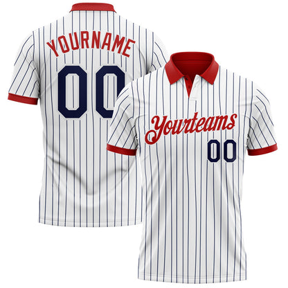 Custom White Navy Pinstripe-Red Performance Polo Shirt