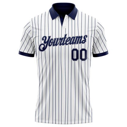 Custom White Navy Pinstripe-Gray Performance Polo Shirt