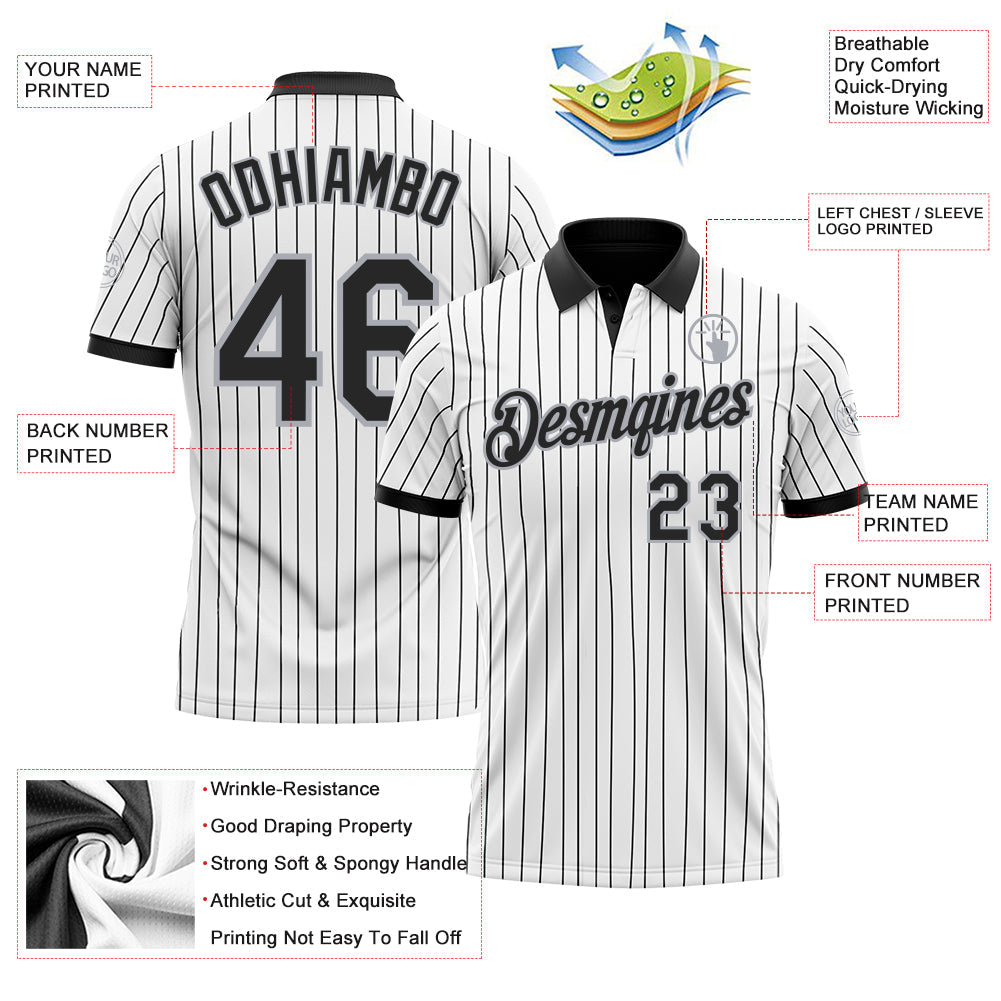 Custom White Black Pinstripe-Gray Performance Polo Shirt