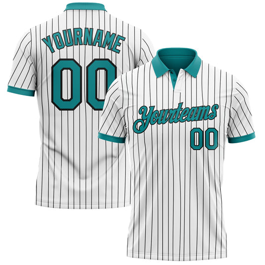 Custom White Black Pinstripe-Teal Performance Polo Shirt