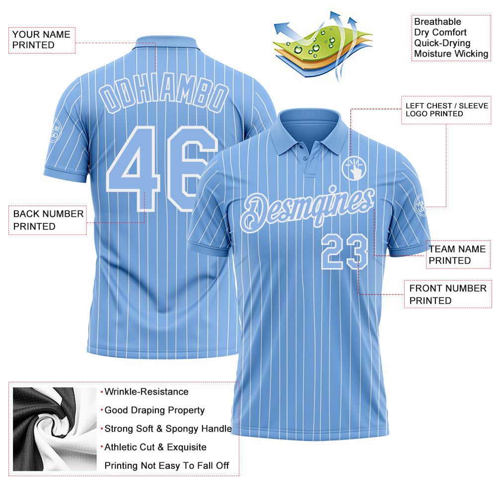 Custom Light Blue White Pinstripe-White Performance Polo Shirt