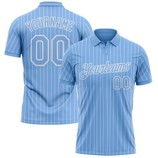 Custom Light Blue White Pinstripe-White Performance Polo Shirt