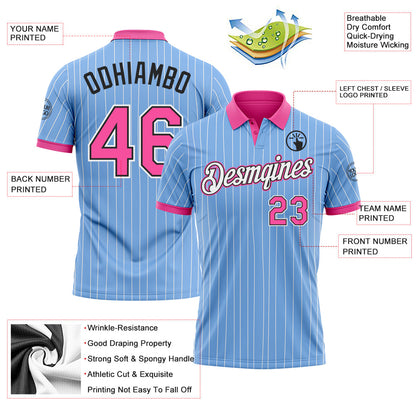 Custom Light Blue White Pinstripe Pink-Black Performance Polo Shirt